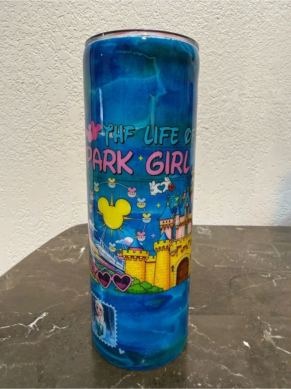 The Life of a Park Girl in My Disney Era Blue Glitter 20 oz Skinny Tumbler Cup